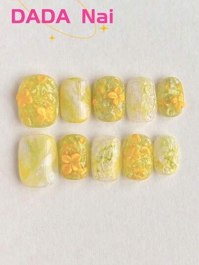 10 móng tay giả ngắn hình bầu dục, màu vàng xanh gradient, họa tiết hoa mộc tê 3D với kim tuyến và vân đá cẩm thạch, móng acrylic tái sử dụng cho mùa xuân và sử dụng hàng ngày.
