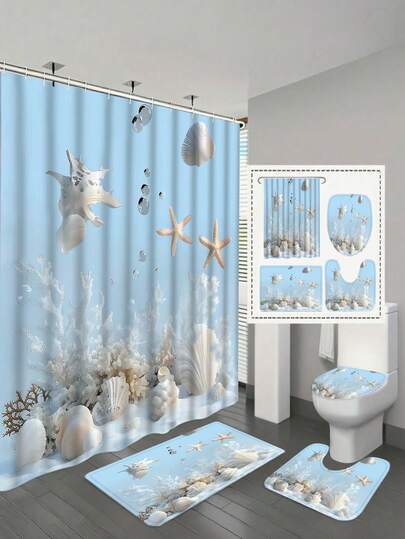 1/4 Set White Coral Starfish Pattern Shower Curtain, High Quality Curtain With 12 Plastic Hooks, Bathroom Non-Slip Mat, U-Shaped Toilet Lid Cover, Modern Home Bathroom Decor Accessories