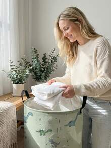 1个卡通恐龙图案可折叠圆形收纳篮，带提手，大容量多用途收纳箱，适用于婴儿房、尿布、衣物、玩具等收纳整理。 - 彩色 - 查看 5