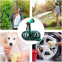 7.5m Expandable Garden Hose, Soft EVA Coiled Water Pipe With 7 Spray Nozzles, Suitable For Boats, Greenhouses, Yards, Patios, Green - A - View 7