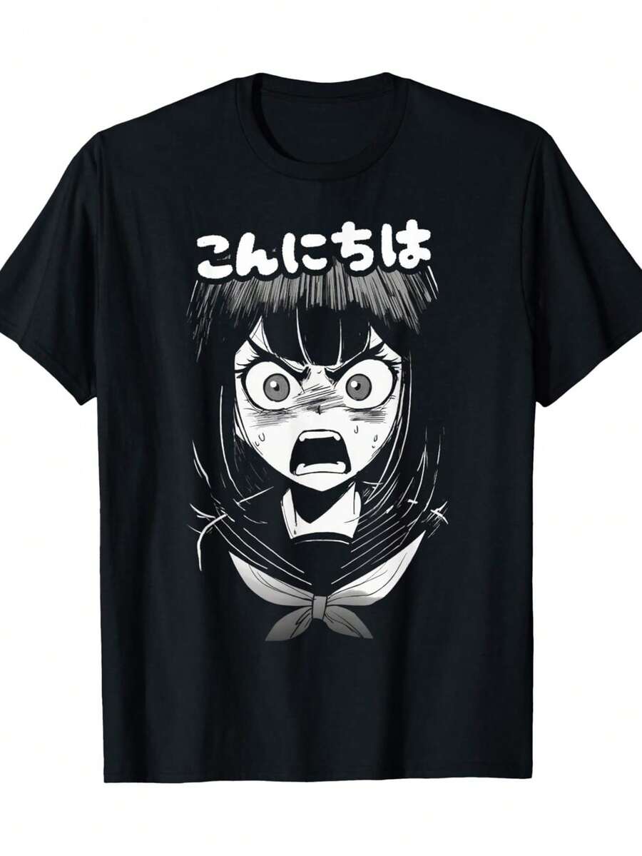 Men'S Anime Goth Japanese T-Shirt - 100% 180gsm Heavyweight Crew Neck Tee with Angry Anime Girl & Konnichiwa Graphic, Slight Stretch Casual Shirt for Anime Conventions & Casual Attire, All-Season Fit, Streetwear FashionTop Gift for Men & Women - Negro - Ver 1