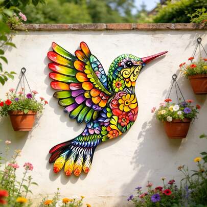 1 pieza Decoración de pared de colibrí de metal colorido - Perfecto para uso en interiores/exteriores, hogar, oficina, jardín exterior, patio, porche, decoración de valla exterior, decoración de fiestas y bodas - Ideal para fiestas de vacaciones, Día de la Madre, Acción de Gracias y también un regalo perfecto para familiares y amigos. Diseño plano 2D
