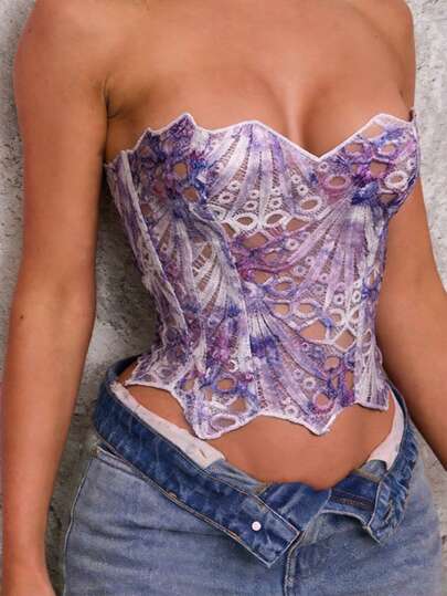 توب قصير شفاف مزين بالدانتيل الأزهار مناسب للصيف للنساء
