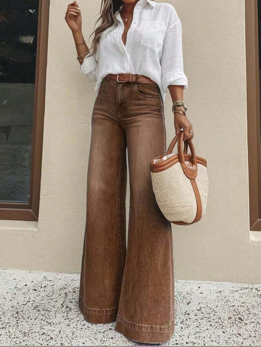 Jeans de pierna ancha casual para mujer, de estilo largo elegante y de moda, con bolsillos, de tela lavada con estiramiento medio para primavera - Marrón Mocha - Ver 1