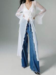 Women Frill Sheer Kimono Long Sleeve Deep V Neck Ruffle Top See Through Flowy Going Out Blouse Shirt Y2K Mesh Tie Front Beach Cover Ups Party Clubwear - 白色 - 查看 1