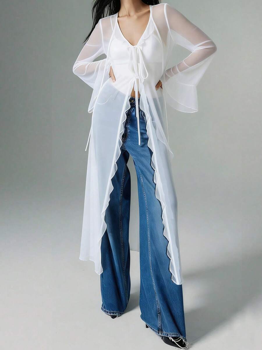 Women Frill Sheer Kimono Long Sleeve Deep V Neck Ruffle Top See Through Flowy Going Out Blouse Shirt Y2K Mesh Tie Front Beach Cover Ups Party Clubwear - 白色 - 查看 1