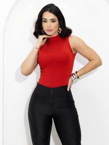 Women's Fitted High Neck Tank Top In Elegant Red Suplex Fabric With Bottle Tag - 紅色的 - 查看 6