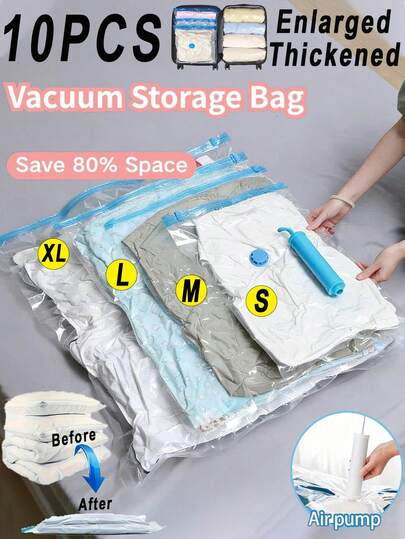 1件/9件套旅行真空收纳袋套装，带充气泵，透明防水PVC压缩袋，适用于衣物、床上用品、鞋子，适合衣柜、卧室、浴室收纳，节省空间的行李整理袋
