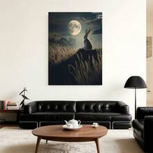 Con marco Arte de Pared en Lienzo Enmarcado 2D Plano, 1 pieza Listo para Colgar -  Cuadro de Paisaje Sereno con Conejo y Hierba a la Luz de la Luna, Marco Envuelto para Dormitorio, Sala de Estar, Cocina, Decoración Rústica, Arte de Oficina, Escena Tranquila, Impresión de Alta Calidad - Enmarcado - Ver 3