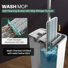 Mop and Bucket Set with Wringer Flat Mops for Floor Cleaning Wall Mop Cleaner with Long Handle Hardwood Floor Mop with 4 Microfiber Pads - Blanco - Ver 3