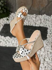 Women's Wedge Thick Bottom Sandals, Polka Dot Fashion Rhinestone Strap Rope Sole High Heel Thick Bottom Vacation Style, Minimalist Comfortable Summer Slip-On Party Sandals - White - View 1