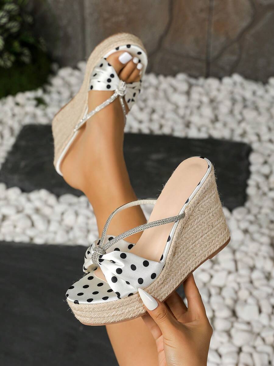 Women's Wedge Thick Bottom Sandals, Polka Dot Fashion Rhinestone Strap Rope Sole High Heel Thick Bottom Vacation Style, Minimalist Comfortable Summer Slip-On Party Sandals - White - View 1