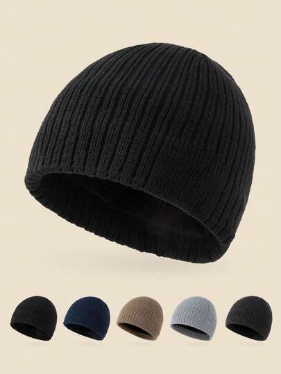 1 件纯色保暖内衬针织便帽，男士保暖无缝帽，柔软舒适，简约风格，适合寒冷天气冬季保暖