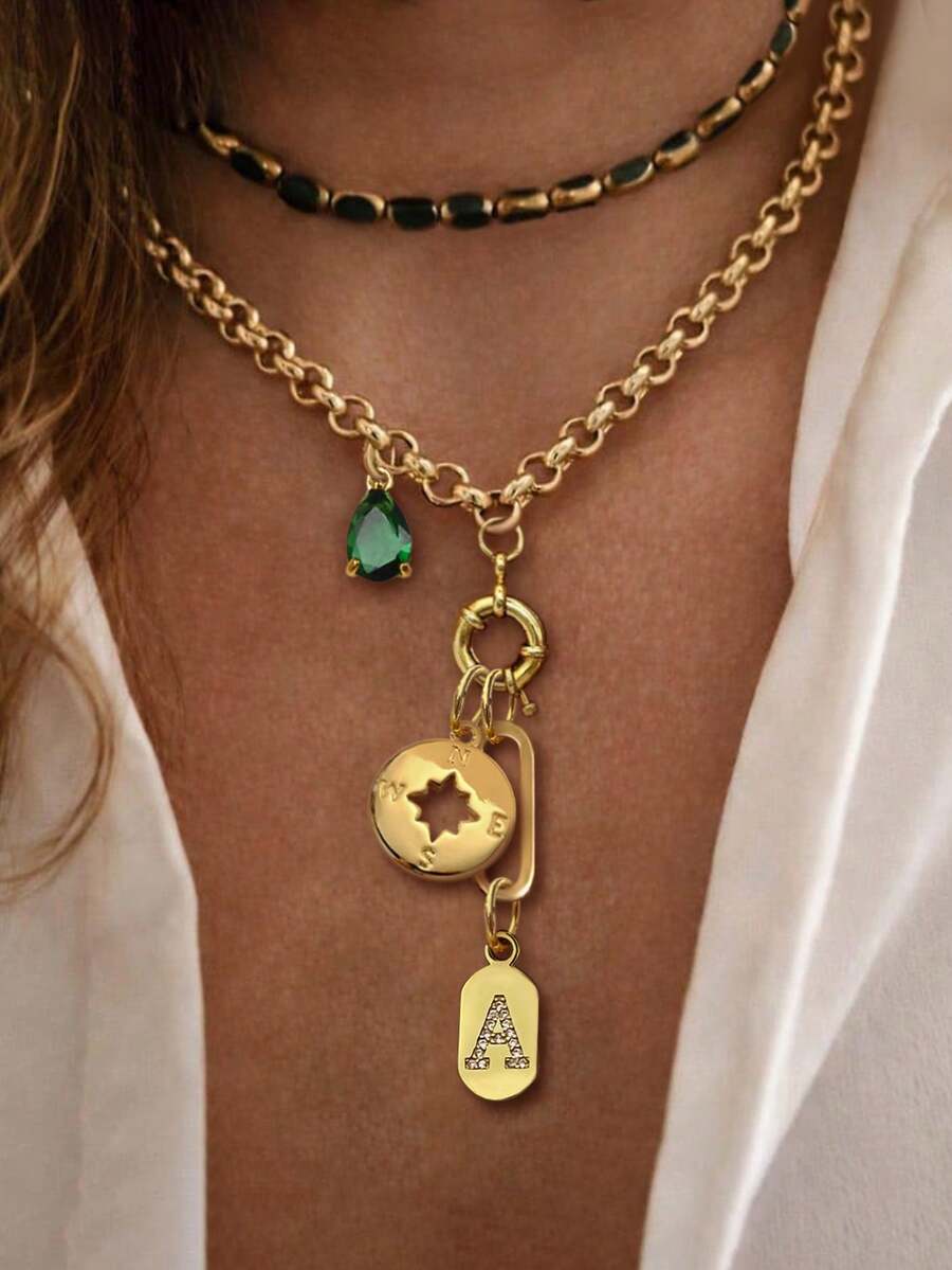1PC Gold Donut Shaped A-Z Letter Necklace With Compass And Green Diamond Chain, Unique Luxury Style, Suitable For Women's Daily Work Decoration - Yellow Gold - View 1