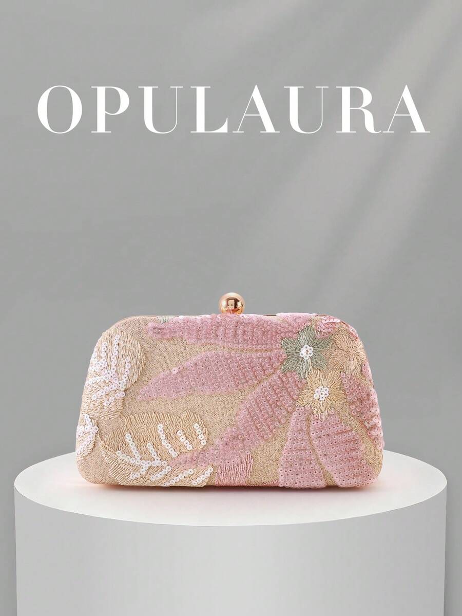 OpulAura亮片刺绣花卉盒形手拿包,女士时尚亮片拼接手提包,派对晚宴包,随机裁剪,适合女性,适合派对、婚礼、舞会、度假等场合。非常适合派对、婚礼、舞会、正式活动/宴会,可与节日派对礼服、晚礼服和亮片连衣裙完美搭配。 - 粉色 - 查看 1