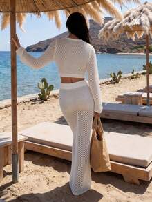 夏季新款女士时尚休闲沙滩度假两件套，白色镂空长袖系带罩衫搭配高腰紧身迷你裙，波西米亚风套装，适合沙滩度假、沙滩派对、泳池派对、郊游、假日等场合。 - 白色 - 查看 8