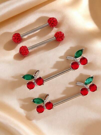 4 piezas Anillos de pezón con cristal sexy y de moda, conjunto de joyas corporales con forma de cereza con zirconia incrustada, adecuado para uso diario