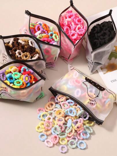 100pcs Colorful Ombre Small Bamboo Scrunchies, Cute Cartoon Hair Ties, Ponytail Holders, Hair Accessories, Won't Damage Hair