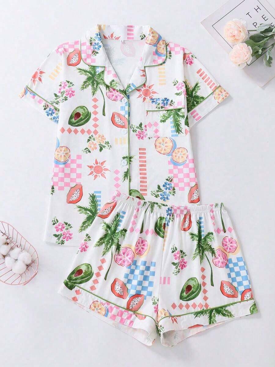 2pcs/Set Women Flower & Leaf Print Casual Pocket Button Pajama Set, Suitable For Summer And All Seasons - Apricot - View 1