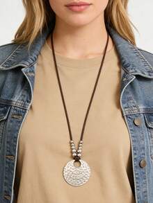 1 Peça Colar Elegante e Fashionista de Círculo Ondulado Dourado e Prateado, Colar de Pingente de Contas Personalizado Boêmio, Presente de Joias para Amigos e Família, Acessório Diário para Festa, Praia, Viagem - Corda de cera - Visão 8