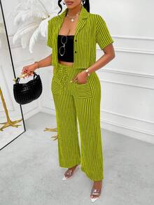 AIJ Conjunto de 2 piezas de camisa y pantalones a rayas de verano casual para mujer Amarilo, con estampado floral aleatorio - Verde Oliva - Ver 5