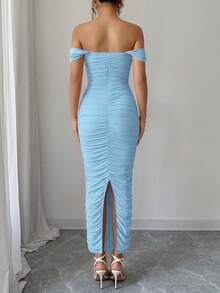 PRETTYGARDEN Women's Summer Dresses Off The Shoulder Dress Ruched Bodycon Sleeveless  Evening Elegant Dresses Wedding Guest Graduation  Cocktail Club Party Light Blue Maxi Dresses - 淺藍色 - 查看 2