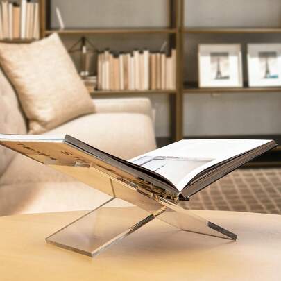 1 Piece X-Shaped Clear Bookshelf, Acrylic Reading Bookshelf, Reading Music Album Book Display Stand, White Black Bookshelf, Home Display Stand, Suitable For Libraries, Cookbooks, Music Albums, And Various Book Reading And Placement Cookbook Shelf Kitchen Countertop Decor