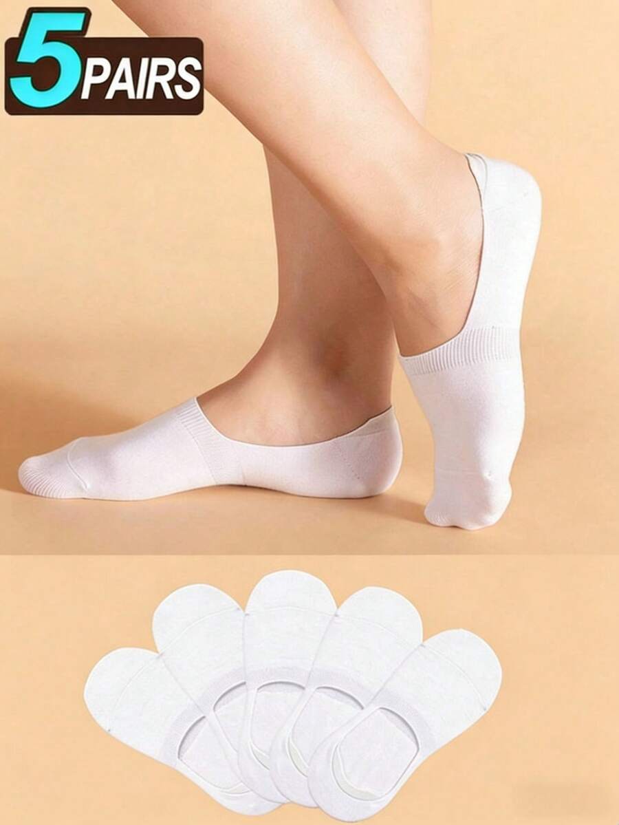5/10双装女士白色船袜，时尚半趾纯棉透气短袜 - 白色 - 查看 1