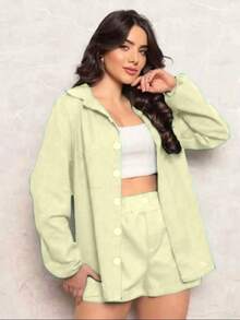 Combination Set Consisting Of A Long-Sleeved Top And Shorts. - Light Yellow - View 2