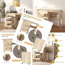 Mesa para Maquina de Coser Plegable Multifuncional Mesa de Trabajo Plegable Portatil con 3 Bandejas de Almacenamiento Ruedas Bloqueables y Estantes Beige  755684 - Beis - Ver 1