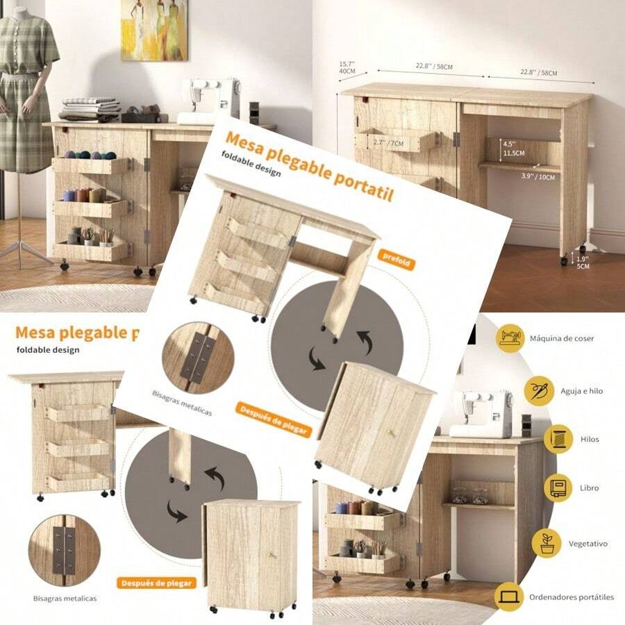 Mesa para Maquina de Coser Plegable Multifuncional Mesa de Trabajo Plegable Portatil con 3 Bandejas de Almacenamiento Ruedas Bloqueables y Estantes Beige  755684 - Beis - Ver 1