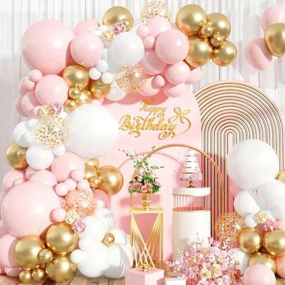 111件套优雅粉白气球拱门套装 | 包含粉彩色气球、亮片气球和纯色气球，适用于生日、婴儿派对、婚礼装饰、派对气球 | 柔韧耐用，气球花环装饰