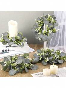 Conjunto de 2/4 anéis de vela artificiais em formato de folha de eucalipto, 25 cm (9,8 polegadas), arranjo de mesa para casamento, coroa de vela verde, suporte para vela pilar, ideal para casamentos na primavera/verão, decoração de casa, janela, mesa, decoração de casamento, decoração de Páscoa e decoração de parede. - Multicolorido - Ver 5