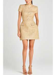 Elegant Women's Gold Woven Fabric Formal Dress With Short Sleeves And Pearl Button Detail Stand Collar Mini Dress - 卡其色 - 查看 4
