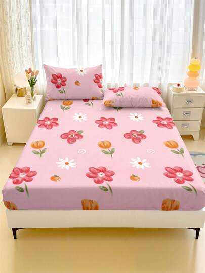 Sábana ajustada con estampado de flores rosas, funda de colchón antideslizante, sábana suave para dormitorio