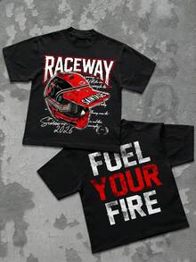 男士极简赛车图案印花圆领短袖T恤，夏季 - 黑色 - 查看 1