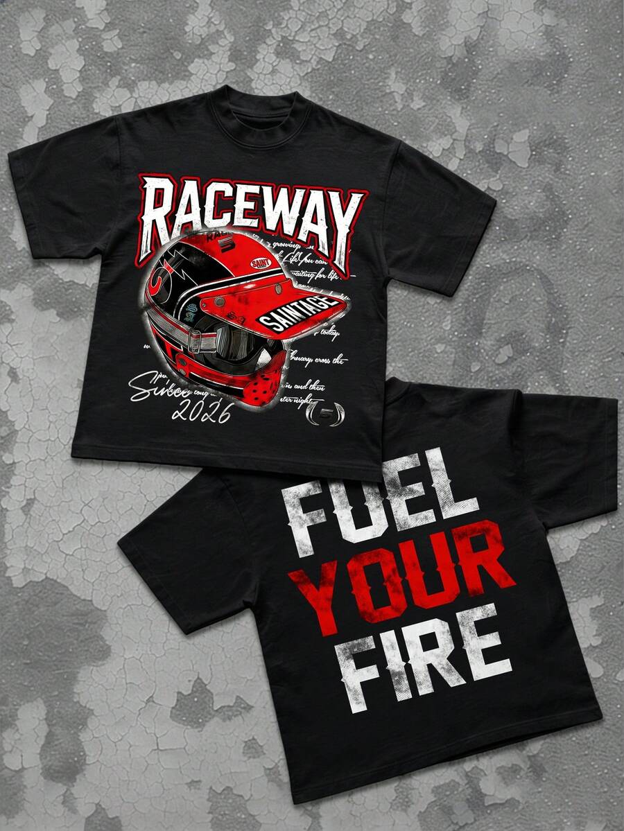 男士极简赛车图案印花圆领短袖T恤，夏季 - 黑色 - 查看 1