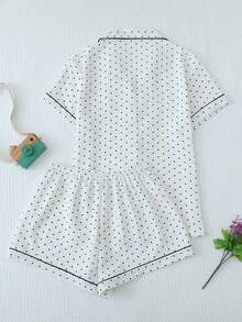 2pcs Women's Mini Polka Dot Printed Pajamas Set, Women's Comfortable Home Pajamas Set With Contrast Trim Button-Down Shirt And Bow Tie Shorts, Perfect For Home Wear In Summer White Set,Two Pieces Set, Spring/Summer - 白色 - 查看 3