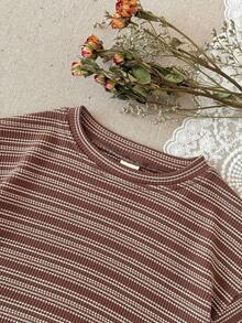 2 Stücke/Set Kleinkind Jungen/Mädchen Lässig braun gestreiftes Kurzarm T-Shirt und Shorts Set, Sommer - Braun - Übersicht 11