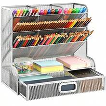 Marbrasse Organizador de computadora de malla soporte multifuncional para bolígrafos organizador de bolígrafos para computadora organizador de computadora estacionario estante de almacenamiento para escuela hogar oficina suministros de arte soporte de malla plateada con cajón - Portalpices de malla con cajn color plateado - Ver 8