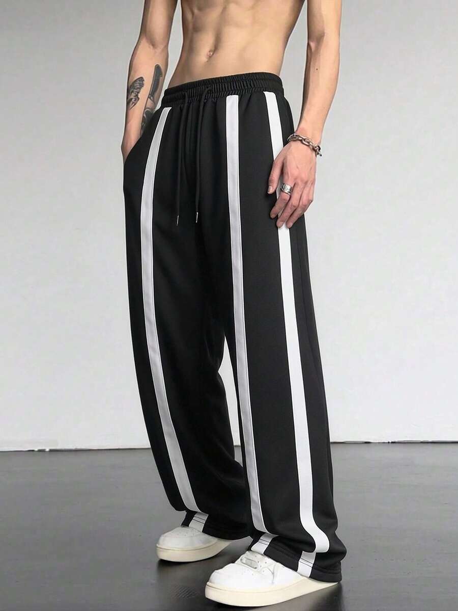 黑白条纹休闲裤，宽松直筒男士休闲裤，春秋季款 - 黑色 - 查看 1