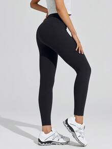 Leorrey 1pc Women's Fashionable High Waist Shaping Elastic Waistband Sports Pants With Side Pockets - Black - View 3