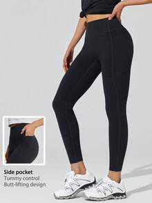 Leorrey 1pc Women's Fashionable High Waist Shaping Elastic Waistband Sports Pants With Side Pockets - Black - View 1