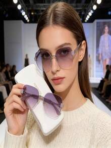 1 pezzo Occhiali da donna eleganti con montatura quadrata in metallo senza bordi, con colore a blocchi, semplici e alla moda, adatti per le vacanze - oro argento - Visualizzare 4