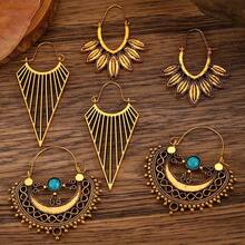 3/4 Pairs Of Fashionable New Vintage Distressed Western-Style Bohemian Hollow Floral Geometric Line Earring Sets Suitable For Women's Daily Wear - 金黃色2 - 查看 7