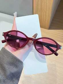 1pc Women's Casual Retro Oval Small Frame Red Fashion Glasses, Suitable For Daily Wear And Street Photography - Wine Red Frame Red Tablet - View 6