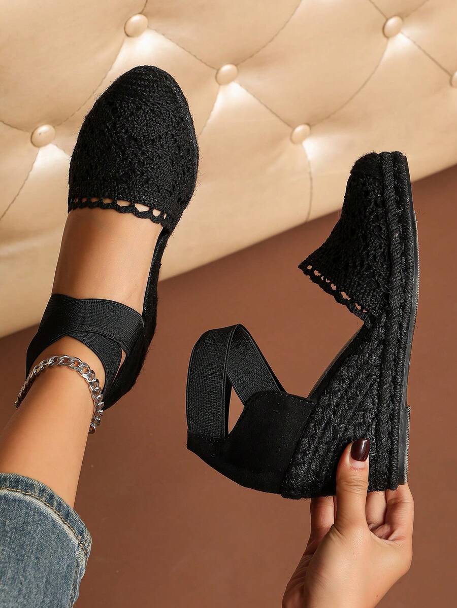 Women's Criss-Cross Elastic Mesh Floral Velvet Linen Rope Casual Wedge Shoes - All Black - View 1