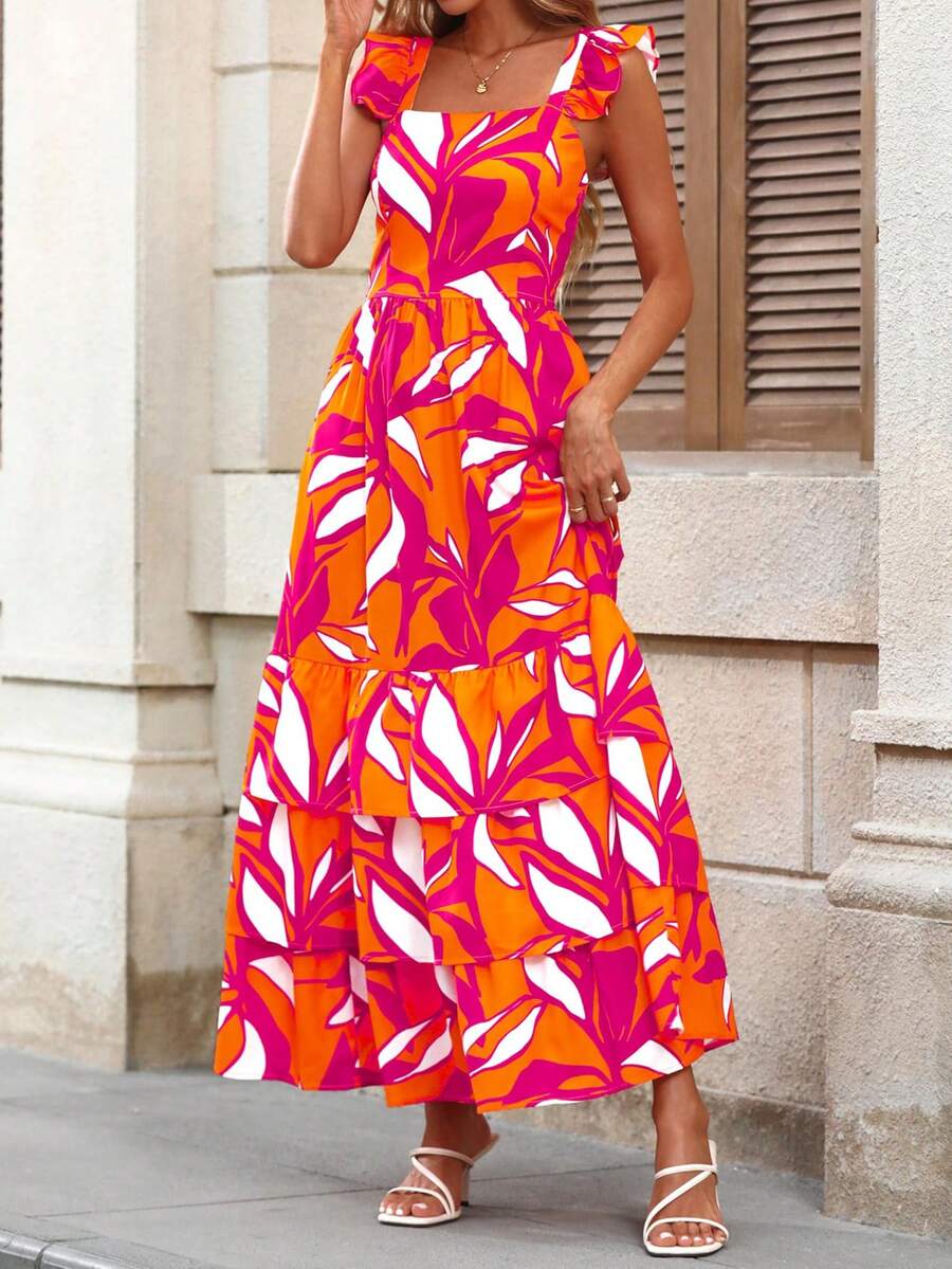 Women Summer Dresses Floral Sleeveless Ruffle Smocked High Waist Tiered A-Line Boho Maxi Dress Casual Beach Holiday Vacation Hawaii Party Sun Dress With Pockets - 玫紅色花 - 查看 1