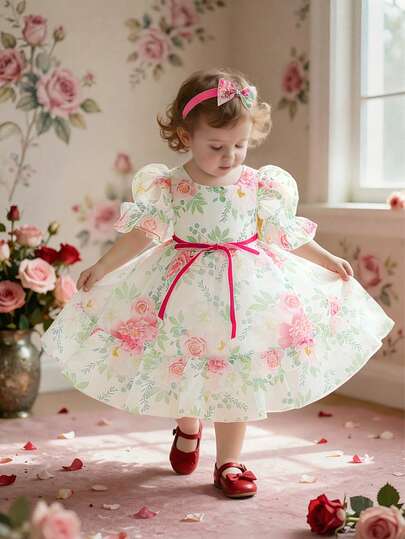 Vestido de niña para niña de flores de cuello redondo rosa con estampado floral de organza, adecuado para boda, fiesta de cumpleaños, fiesta, festival, tela y patrón floral cortados al azar