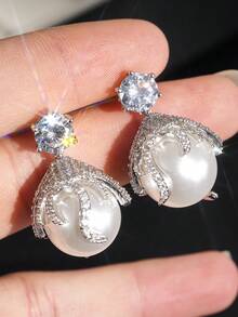 1 Pair Women's Elegant Cubic Zirconia Faux Pearl Dangle Earrings, Suitable For Weddings, Engagements, Parties, Valentine's Day Gift - 1# - View 3